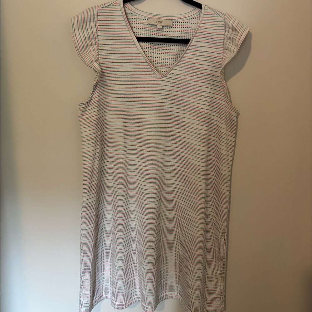 LOFT White Dress with Pink and Gray Stripes V-Neck Sleeveless Shift